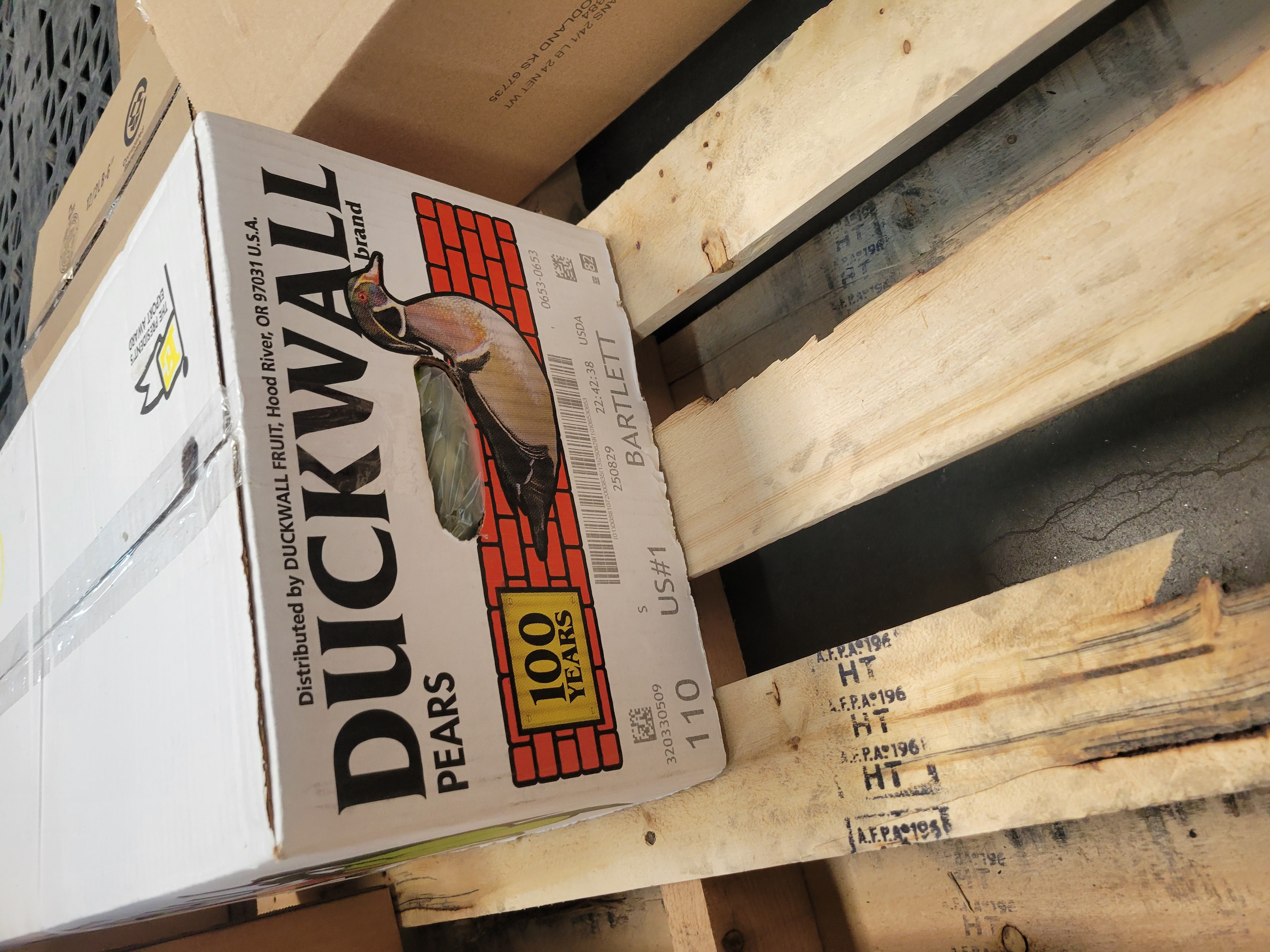 Cardboard box of canned pear with a duck as its mascot and the name Duckwall.